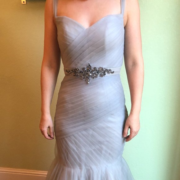 TERANI COUTURE PLEATED SILVER MERMAID GOWN - Picture 1 of 3